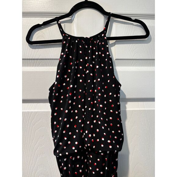 Wisp Black Jumpsuit Size 6 White & Red Polka Dots Keyhole V Neckline Belted - Picture 6 of 9